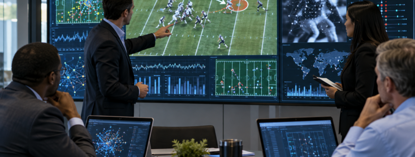 Editorial illustration of AI sports betting analysis and sports-integrity data