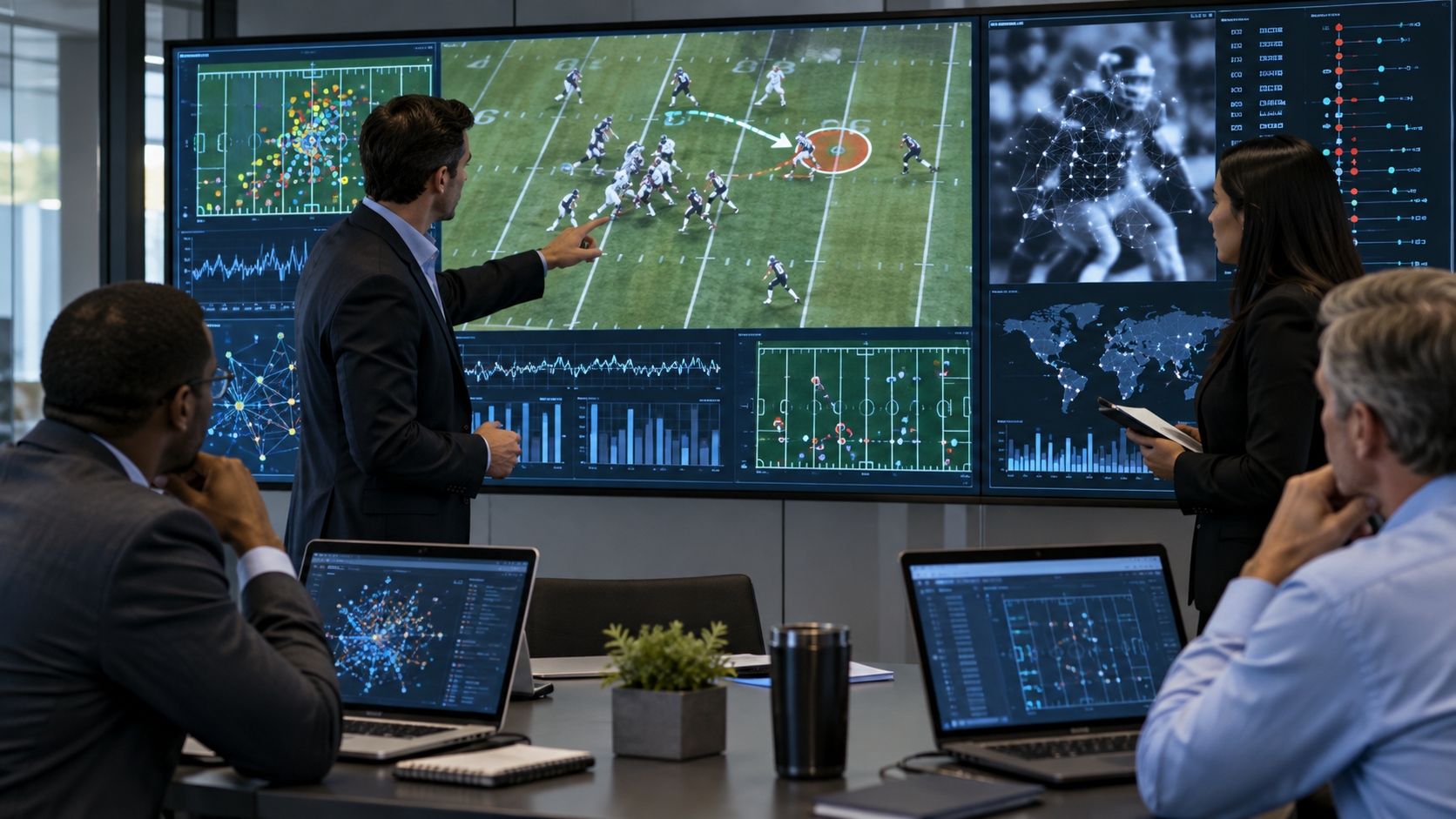 Editorial illustration of AI sports betting analysis and sports-integrity data