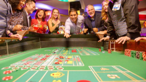 Smiling group of people at casino table