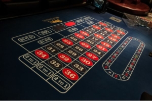 a roulette table with red and black pockets
